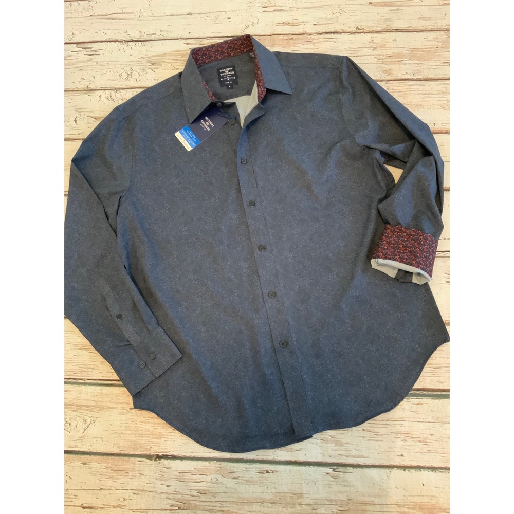 Society of Threads Mens Large Slim‎ Fit Shirt Grey Paisley Floral Contrast NWT